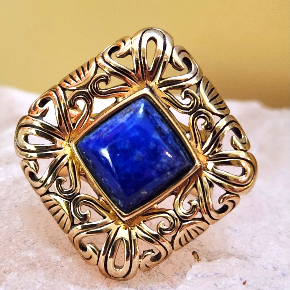 Barse Blue Lapis Square Stone On Goldtone Filigree Setting Ring Sz 7
